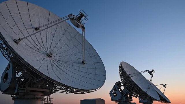 Large satellite dishes against sky at dusk for communication
