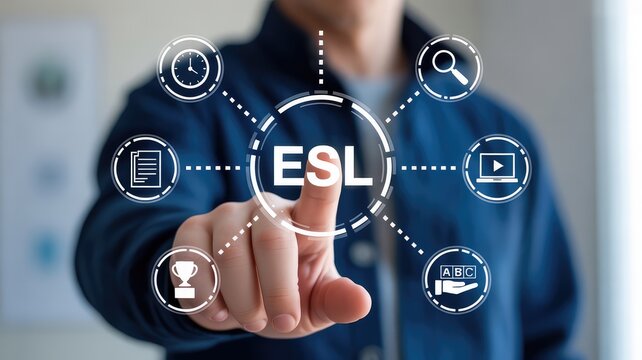 Person interacting with a modern virtual interface showing ESL English as a Second Language education program 