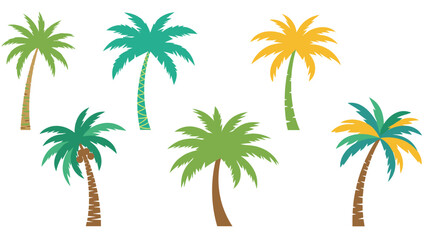 Fototapeta premium Collection of six palm tree illustrations in different tropical colors like green teal and yellow on a white background.