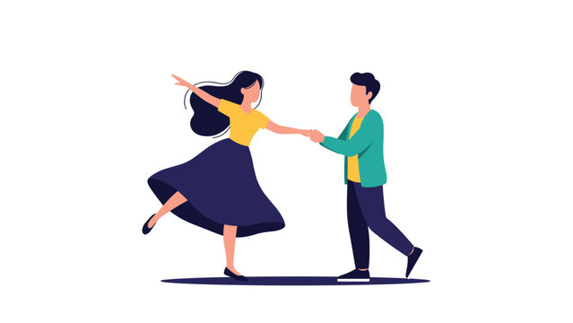 Cheerful illustration of a young couple dancing together with the woman spinning in a wide skirt and the man holding her hand.