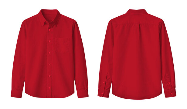 Blank Red Long Sleeve Button-Up Shirt Front and Back View Mockup Isolated on Transparent Background