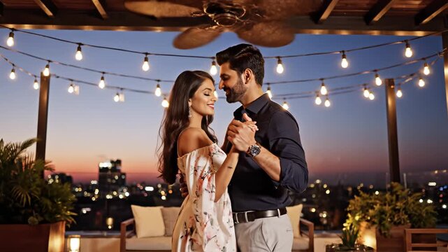 Couple dancing on rooftop terrace