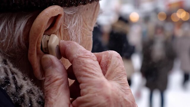 Senior Woman Adjusting Modern Hearing Aid in Snowy Outdoor City Setting