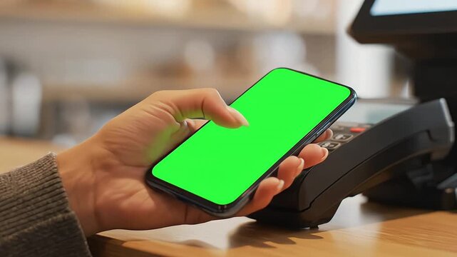 Hand Holding Smartphone with Green Screen Chroma Key Near EDC Payment Terminal for Contactless Digital Payment NFC Mobile Banking Concept