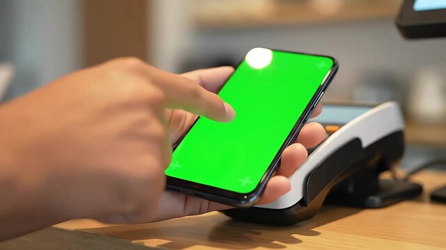 Hand Holding Smartphone with Green Screen Chroma Key Near EDC Payment Terminal for Contactless Digital Payment NFC Mobile Banking Concept