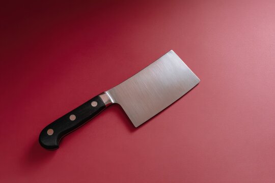 Stainless steel cleaver on red background
