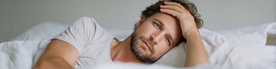 Fototapeta premium Tired caucasian male adult relaxing in bed with hand on forehead