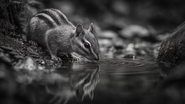 Black and white photograph of a chipmunk drinking from a pond, reflecting perfectly