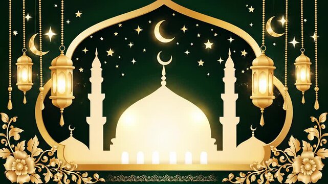 Elegant Golden Islamic Mosque Silhouette with Crescent Moon, Stars, and Hanging Lanterns - Festive