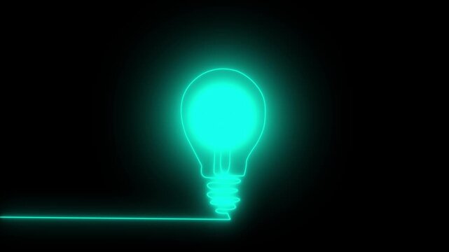 Glowing neon light bulb outline on black background with electrical current flow glowing light bulb electric current