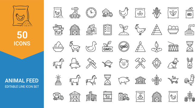 Animal Feed and Farming Line Icon Set with Livestock Barn Grain GMO Agriculture and Farm Equipment Editable Stroke Vector Collection