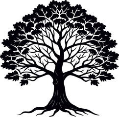 A majestic black and white illustration of a large, intricate tree with sprawling roots and branches