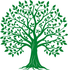 A stylized green tree illustration with intricate branching and leaf details.