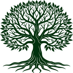 Ancient tree with sprawling roots and dense foliage standing alone against a plain background