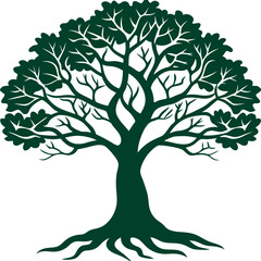 A majestic green tree with sprawling branches and intricate root system.