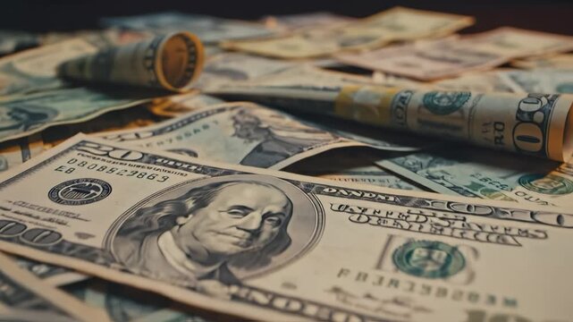 Hundred dollar bills scattered on surface