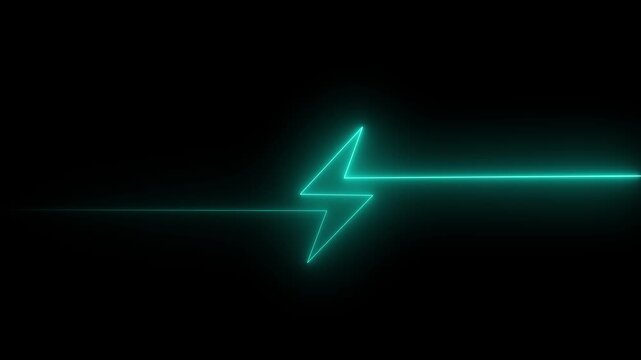 Glowing neon green lightning bolt on black background with horizontal line futuristic technology concept