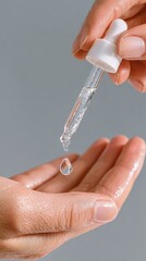 Drop of cosmetic serum falling from pipette onto female hand close up skincare concept