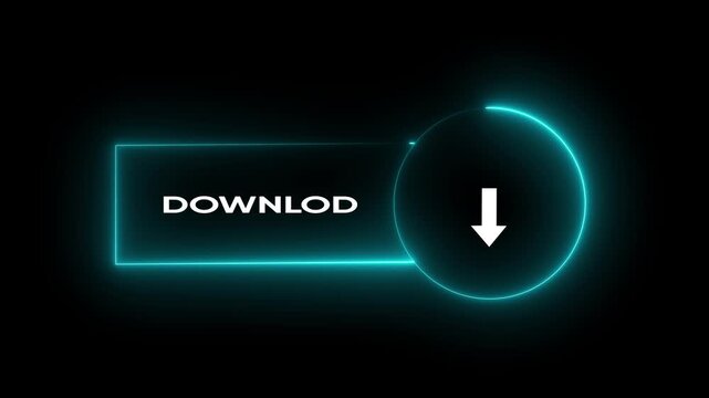 Download with glowing blue neon outline on black background with white text and arrow download neon