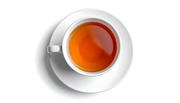 Top-down view of a clear, amber liquid in a white cup and saucer