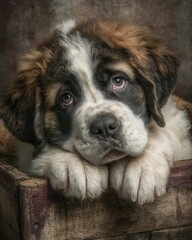 Adorable Saint Bernard Puppy with Expressive Eyes Resting in a Wooden Box