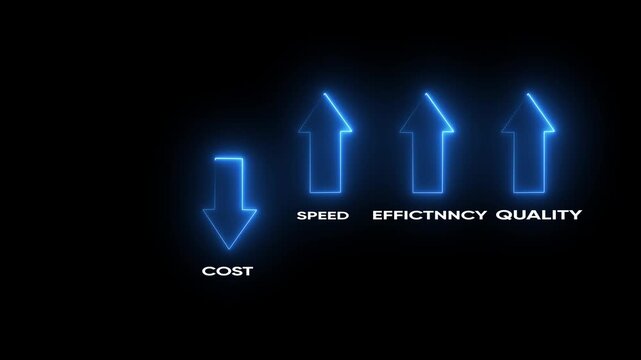 Business Efficiency Concept with Glowing Blue Arrows Increasing Speed Efficiency while Decreasing Cost on Black Background