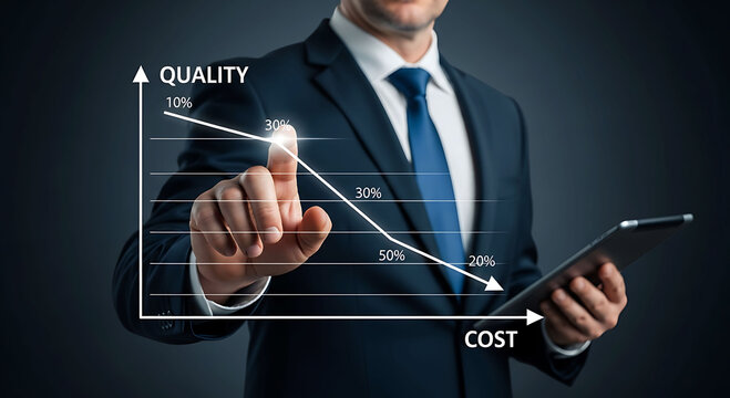 Businessman pointing at graph showing decreasing quality and increasing cost