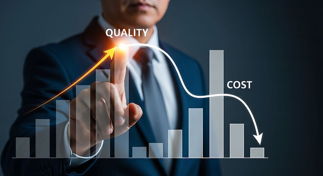 Businessman pointing at graph showing increasing quality and decreasing cost