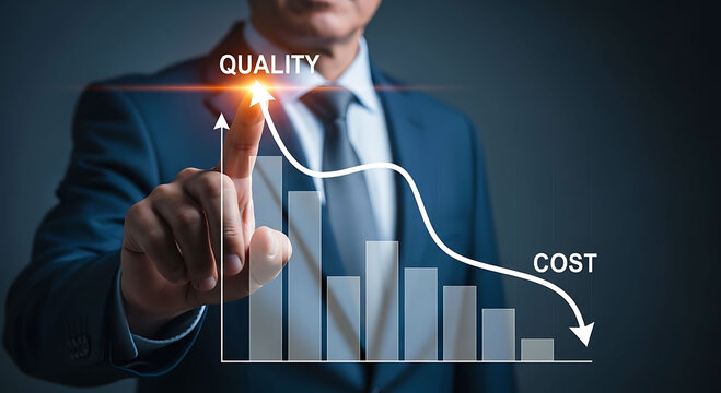 Businessman pointing at graph showing increasing quality and decreasing cost