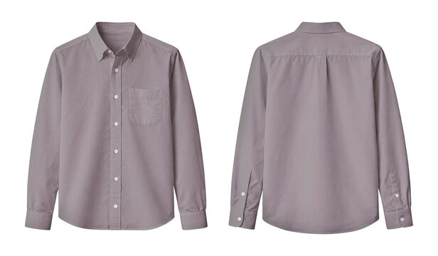 Blank Soft Gray Long Sleeve Button-Up Shirt Front and Back View Mockup Isolated on Transparent Background