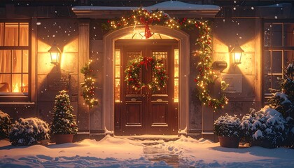 Obraz premium Cozy winter scene of an entryway illuminated by warm light, adorned with holiday greenery and twinkling lights, with snow falling