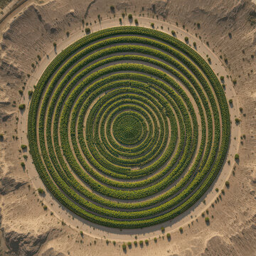 Breathtaking aerial perspective showcases incredibly precise concentric circular farming patterns showcasing advanced agricultural technology in a barren desert landscape below a bright afternoon sky