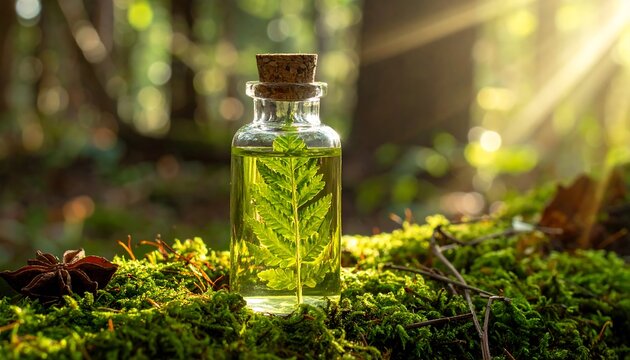 Natural Elixir - A Bottle of Green Essence in the Forest.