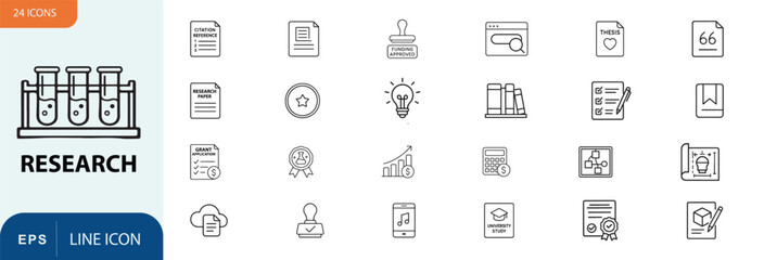 Research icons and symbols in a grid layout