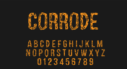 Fototapeta premium Corrode Distressed Font - Orange Rusted Textured Alphabet on Black