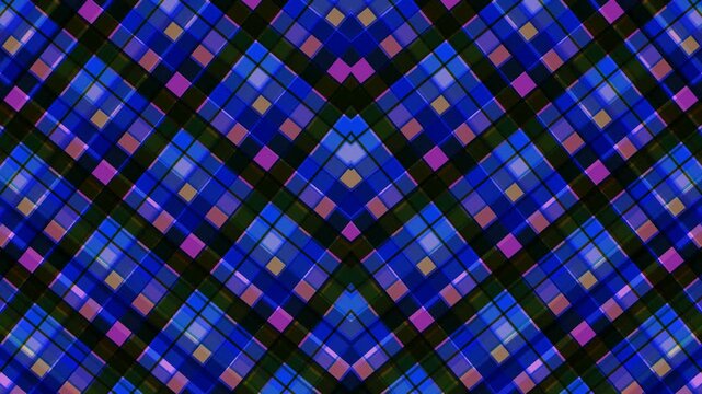 Seamless abstract geometric pattern with blue and pink checkered squares on a fabric texture backdrop for a modern textile wallpaper design