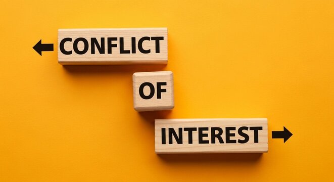 Conflict of interest concept with wooden blocks on yellow background