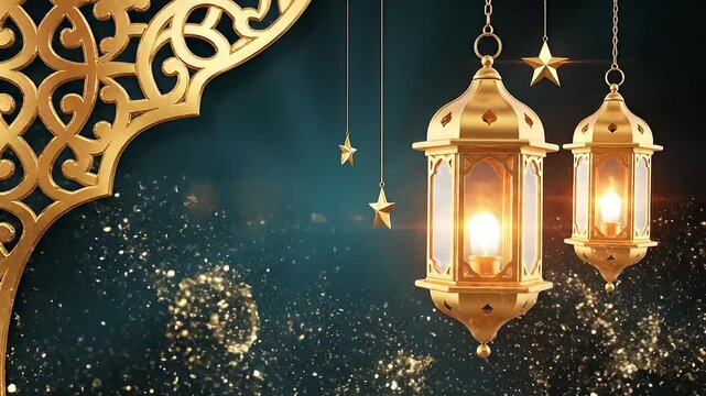 Elegant Ramadan Lanterns and Geometric Archway with Sparkling Lights and Stars on a Deep Teal