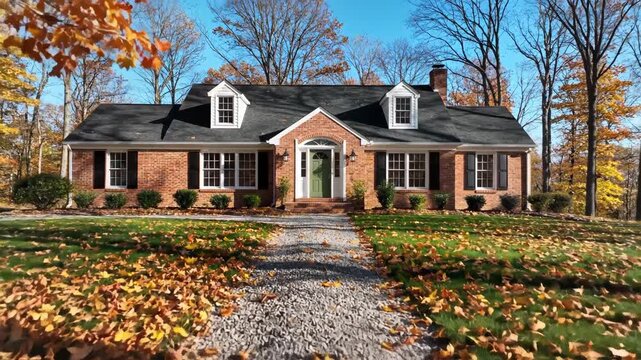 Autumn house with fallen leaves