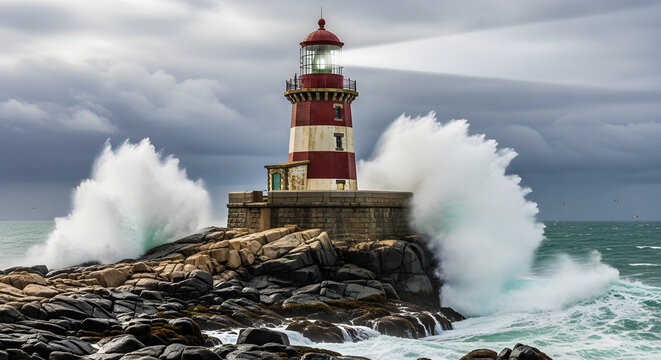 Red and white striped lighthouse on rocky shore with crashing waves