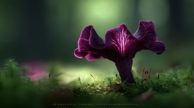 Vibrant purple amethyst deceiver mushroom growing in lush green forest floor with glowing illumination
