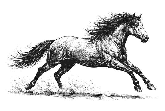 Running Horse Sketch Line Art Illustration &ndash; Galloping Stallion Drawing Isolated on Transparent Background - Side View 