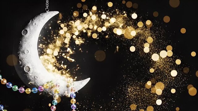 Glowing Crescent Moon with Colorful Beads and Golden Sparkles on Black Background, Festive Holiday
