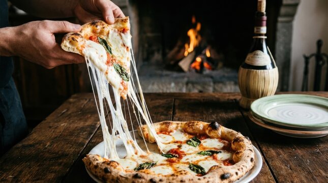 Hands pulling cheesy pizza slice in rustic setting