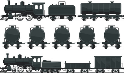 Black silhouette vintage steam locomotive train sets with tender tank cars cylindrical tank wagons boxcar freight, railroad transport vector illustration for industrial designs logos © MstSahanaj