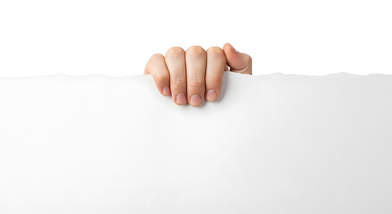 A person holding a blank white business card or paper sign between their thumb and finger to show a message or advertisement space for communication