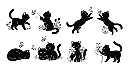 Collection of black silhouette cats with butterflies and floral elements © MdNirob