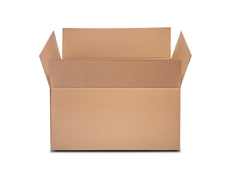 A front view of a single open empty brown cardboard box isolated on a white background.