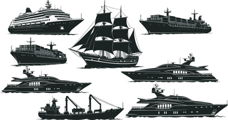 Black silhouette collection various ships cruise liner sailing yacht cargo vessel container ship luxury yacht tall ship freighter, nautical marine vector illustration for sea designs logos © MstSahanaj
