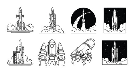 Collection of monochrome rocket ship illustrations in various stages of flight © MdNirob